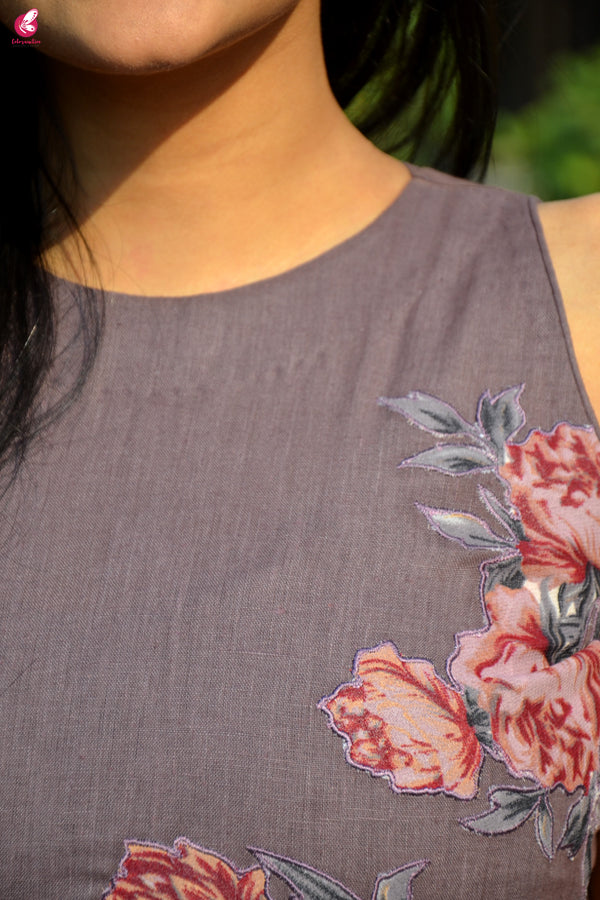 Mauve Pure Linen Patch Work Kurti