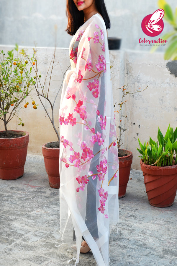 White Organza Handpainted Floral Stole