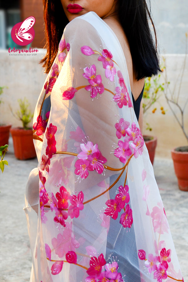 White Organza Handpainted Floral Stole