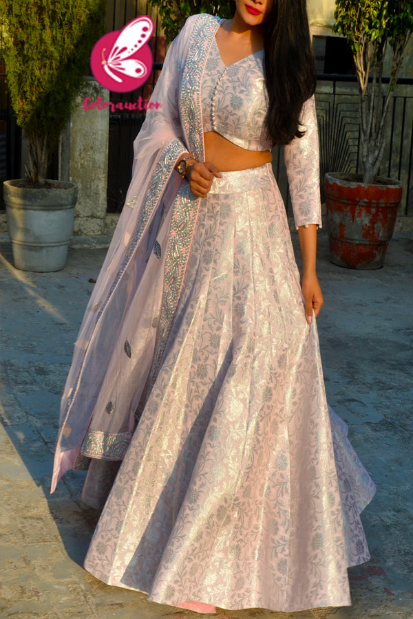 Mauve Pink Brocade Lehenga with Mauve Pink Net Heavy Dupatta