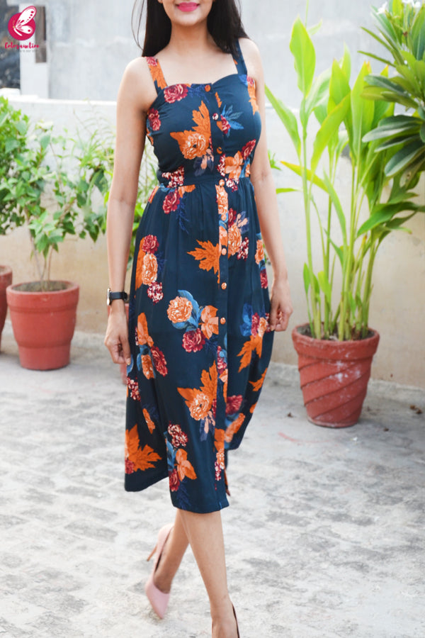 Blue Crepe Printed Floral Dress