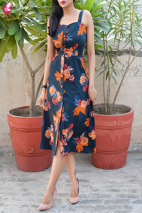 Blue Crepe Printed Floral Dress
