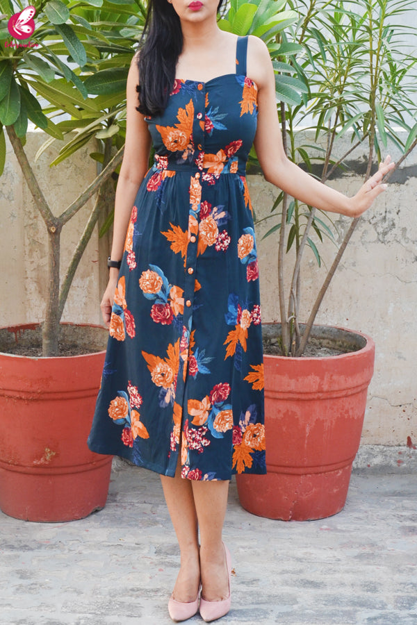 Blue Crepe Printed Floral Dress