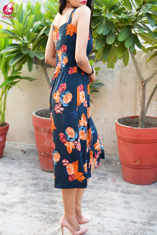 Blue Crepe Printed Floral Dress