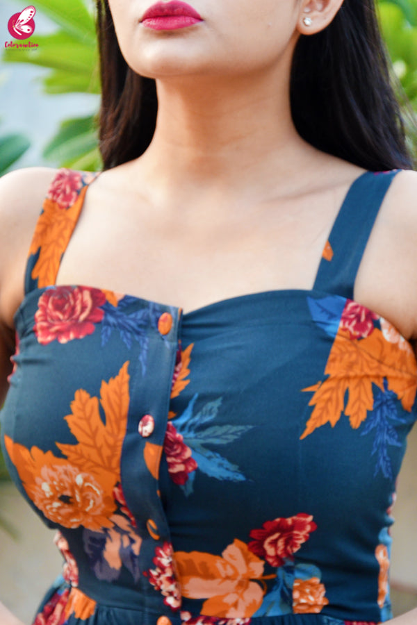 Blue Crepe Printed Floral Dress