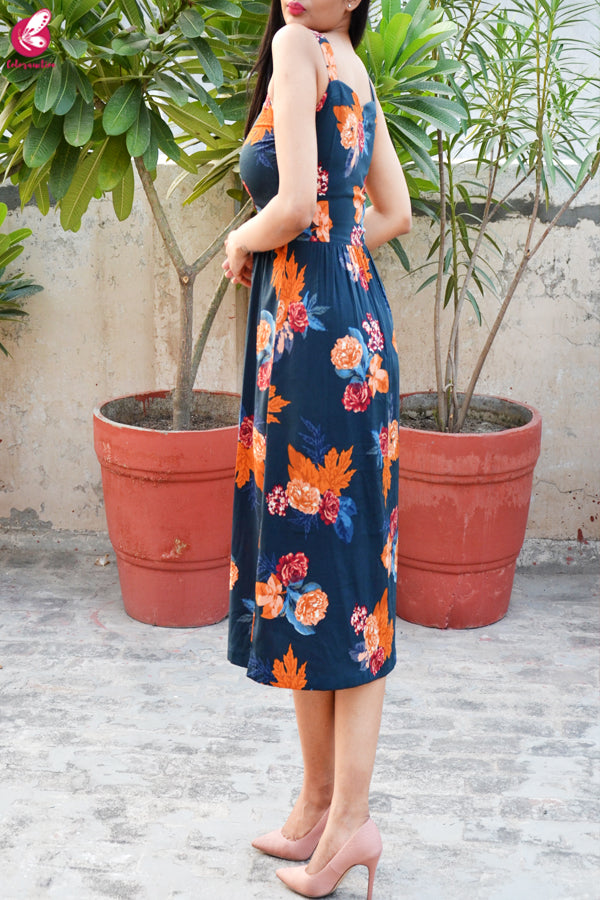 Blue Crepe Printed Floral Dress