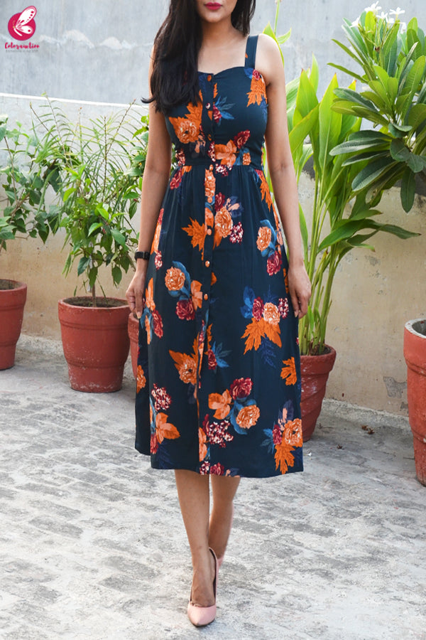 Blue Crepe Printed Floral Dress