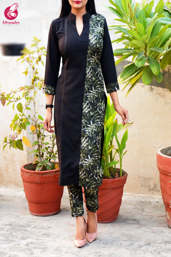 Black &amp; Green Printed Crepe Kurti with Printed Crepe Pants