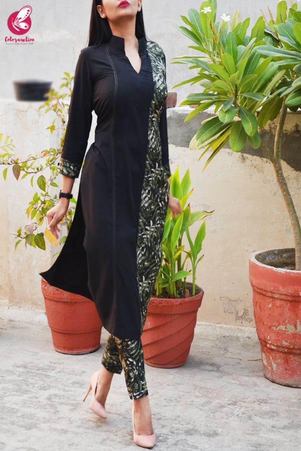 Black & Green Printed Crepe Kurti with Printed Crepe Pants