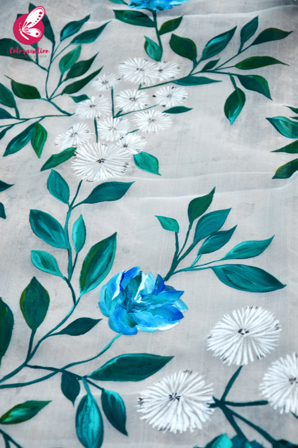 Off White Pure Organza Teal-Green Pure Organza Stole