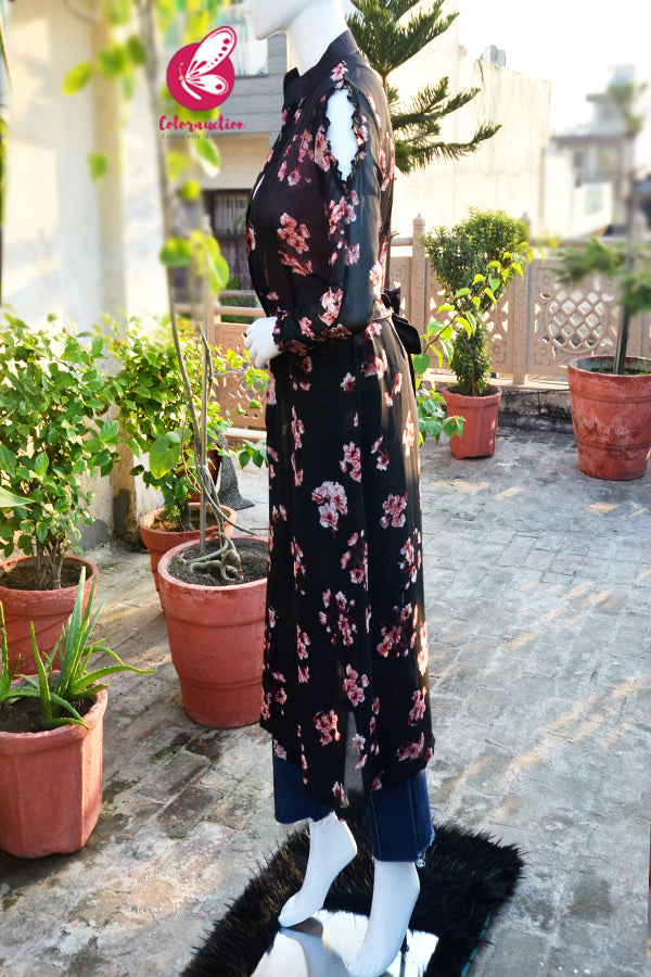 Black Printed Peach Floral Georgette Full Sleeves Long Shrug