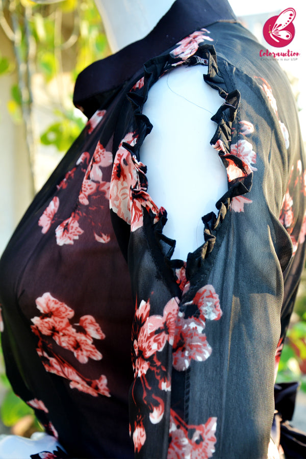Black Printed Peach Floral Georgette Full Sleeves Long Shrug