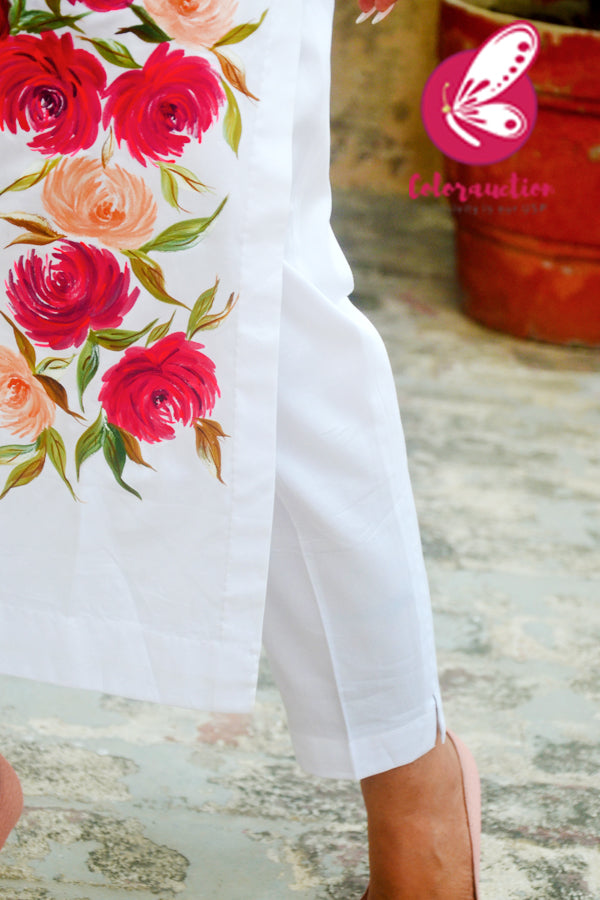 White Cotton Silk Handpainted  Kurti with White Cotton Silk Pants