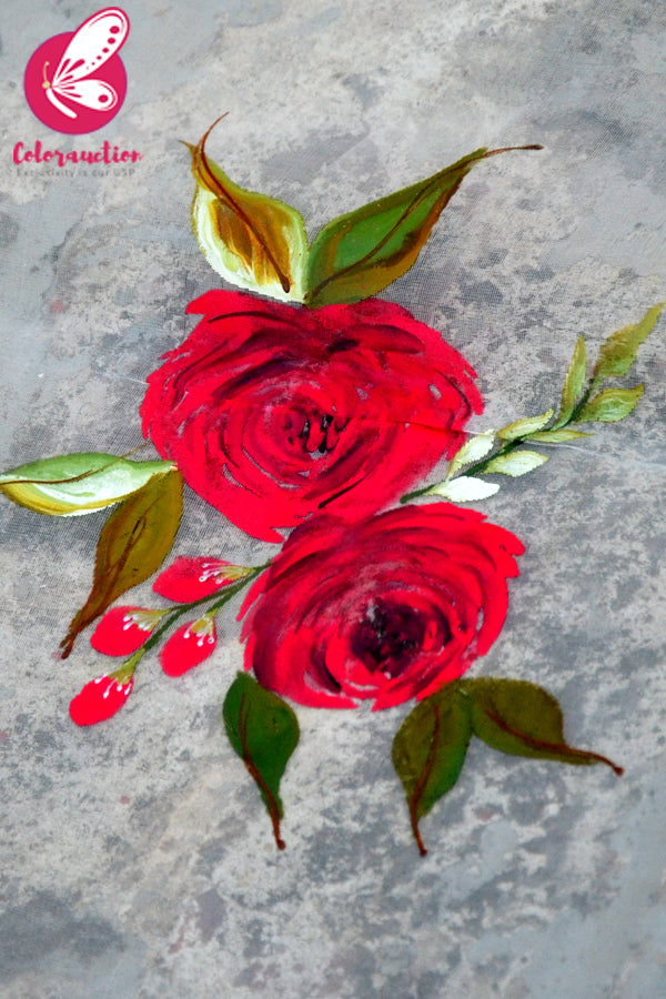 White Organza Handpainted Colourful Roses Statement Stole