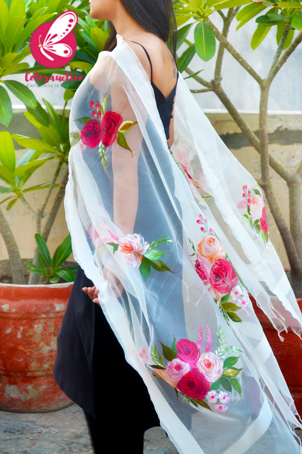 White Organza Handpainted Colourful Roses Statement Stole