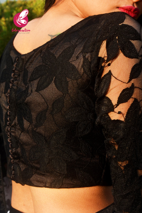 Off White and Black Georgette Black Velvet Taping Saree