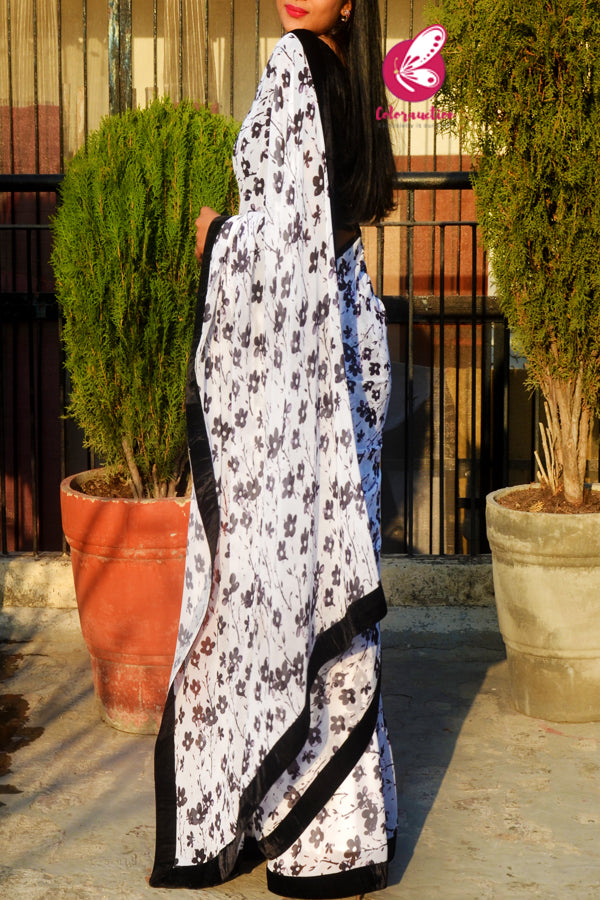 Off White and Black Georgette Black Velvet Taping Saree