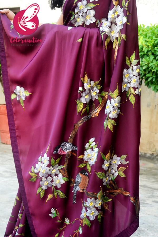 Wine Hand-painted Satin Floral Dupion Taping Saree
