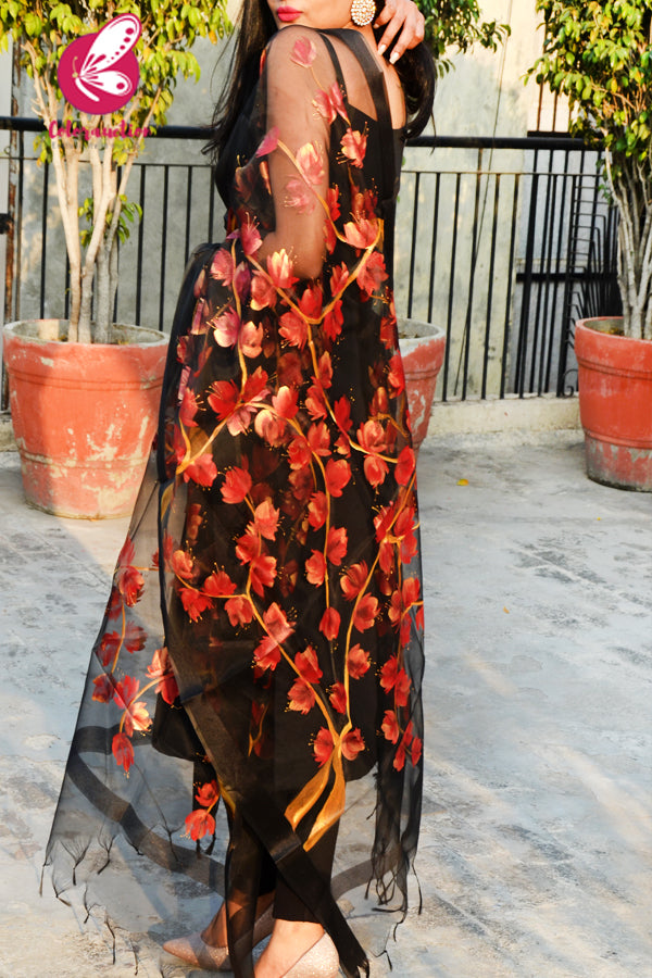 Black Organza Handpainted Maroon Golden Stole