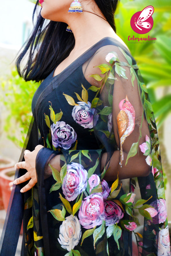 Black Organza Handpainted Colourful Floral Stole
