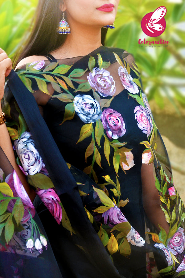 Black Organza Handpainted Colourful Floral Stole
