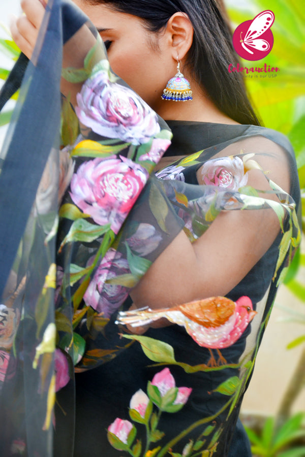 Black Organza Handpainted Colourful Floral Stole