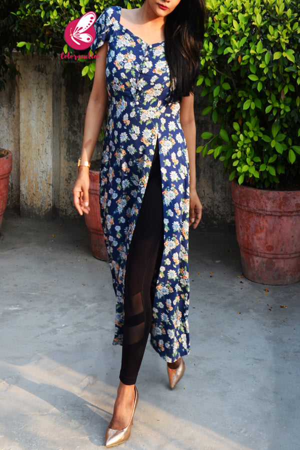 Navy Blue Printed Floral A-Line Rayon Kurti