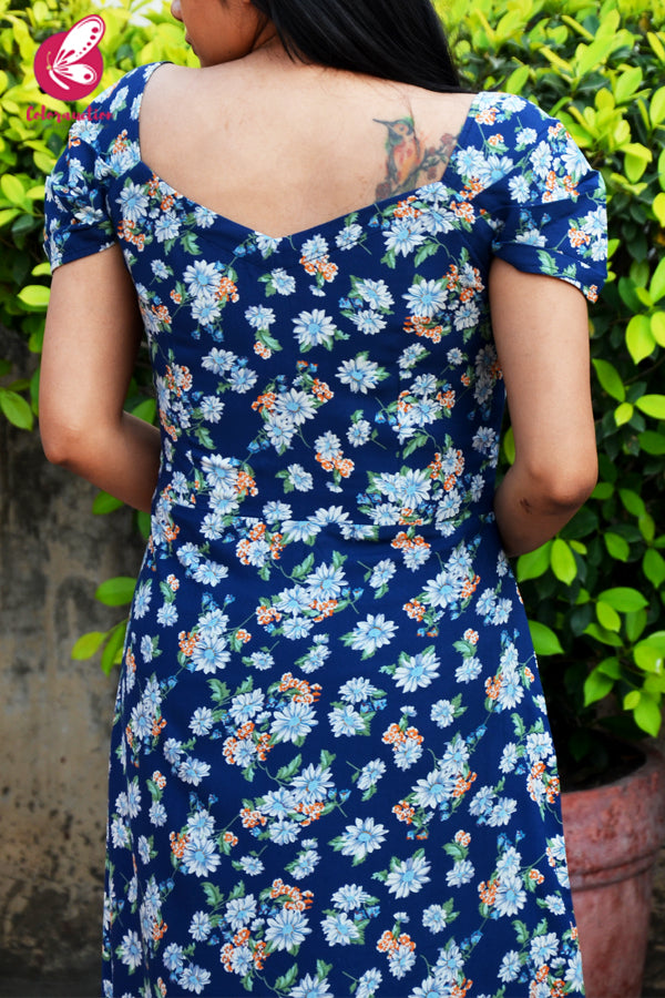 Navy Blue Printed Floral A-Line Rayon Kurti