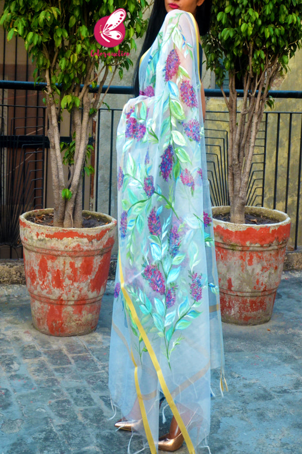 Off White Handpainted Floral Golden Zari Pure Organza Stole