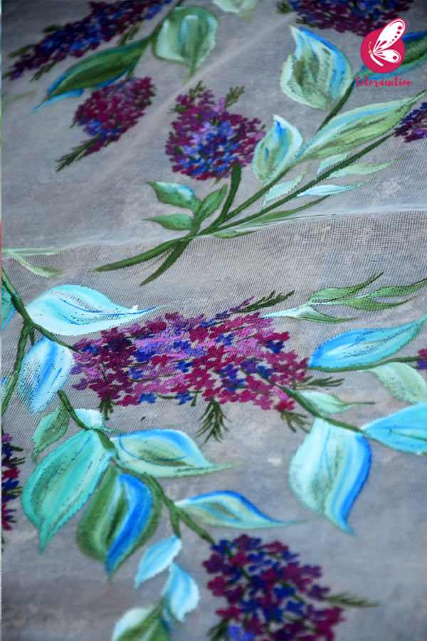 Off White Handpainted Floral Golden Zari Pure Organza Stole