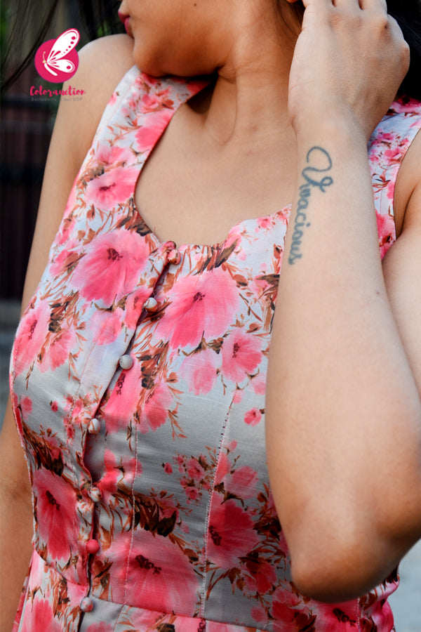 Multicoloured Neon Pink Floral Modal Satin Front Slit Kurti