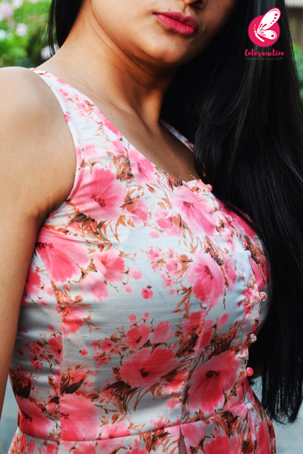 Multicoloured Neon Pink Floral Modal Satin Front Slit Kurti