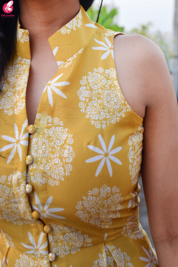 Mustard Printed Rayon Kurti with Cream Lakhnawi Cotton Full Lining Palazzo