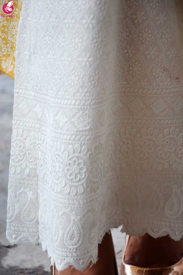 Mustard Printed Rayon Kurti with Cream Lakhnawi Cotton Full Lining Palazzo