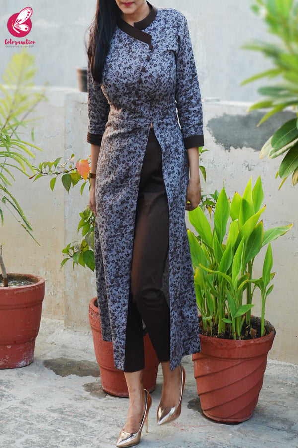 Grey &amp; Dark Brown Printed Cotton Silk Kurti with Dark Brown Cotton Silk Pants