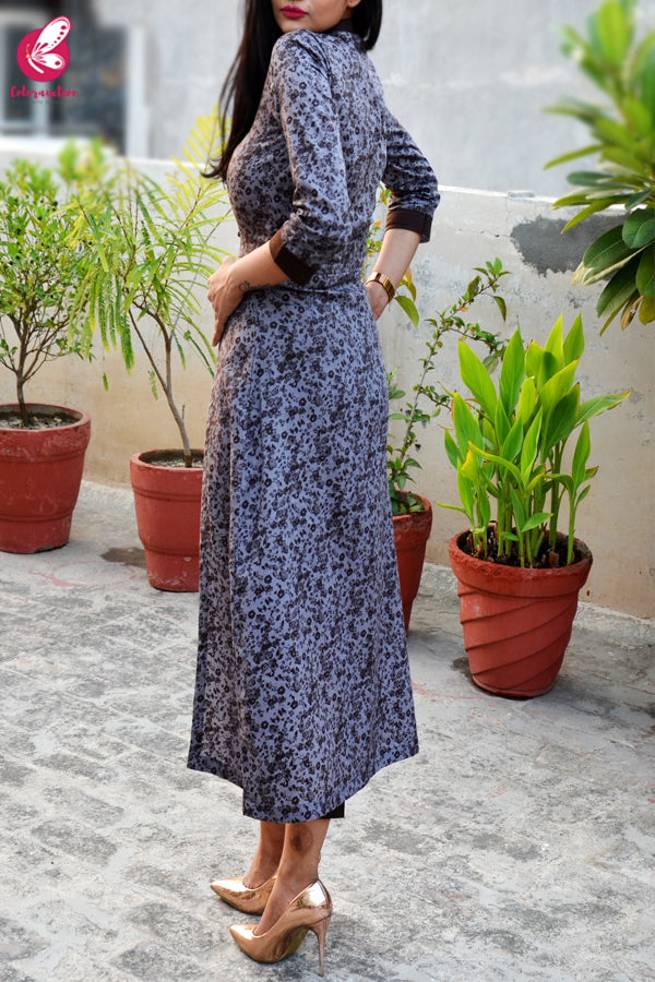 Grey &amp; Dark Brown Printed Cotton Silk Kurti with Dark Brown Cotton Silk Pants