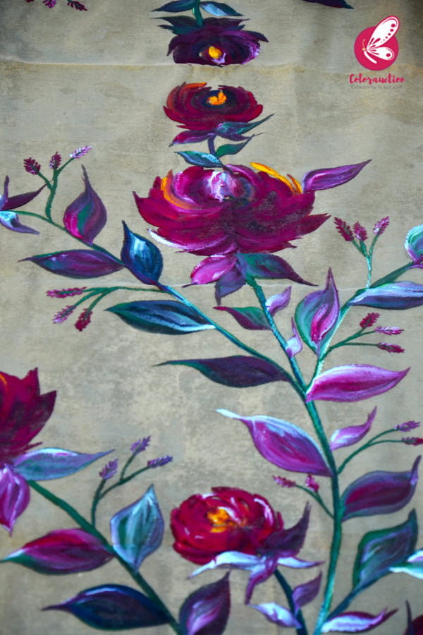Golden Maroon Roses Pure Organza Floral Handpainted Stole