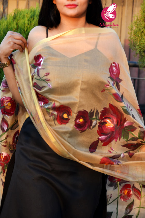 Golden Maroon Roses Pure Organza Floral Handpainted Stole