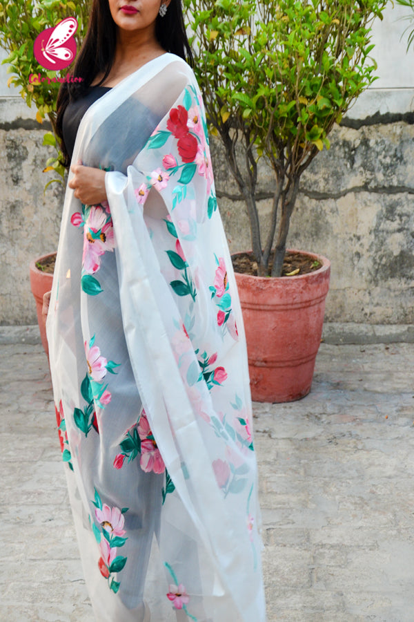Off White Multicoloured Floral Pure Organza Stole
