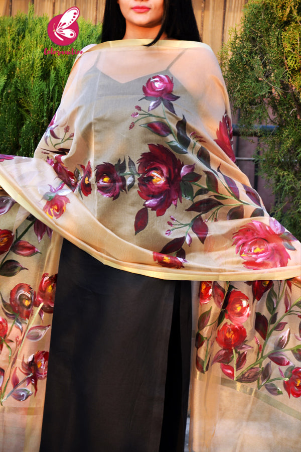 Golden Maroon Roses Pure Organza Floral Handpainted Stole