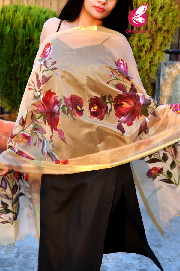 Golden Maroon Roses Pure Organza Floral Handpainted Stole
