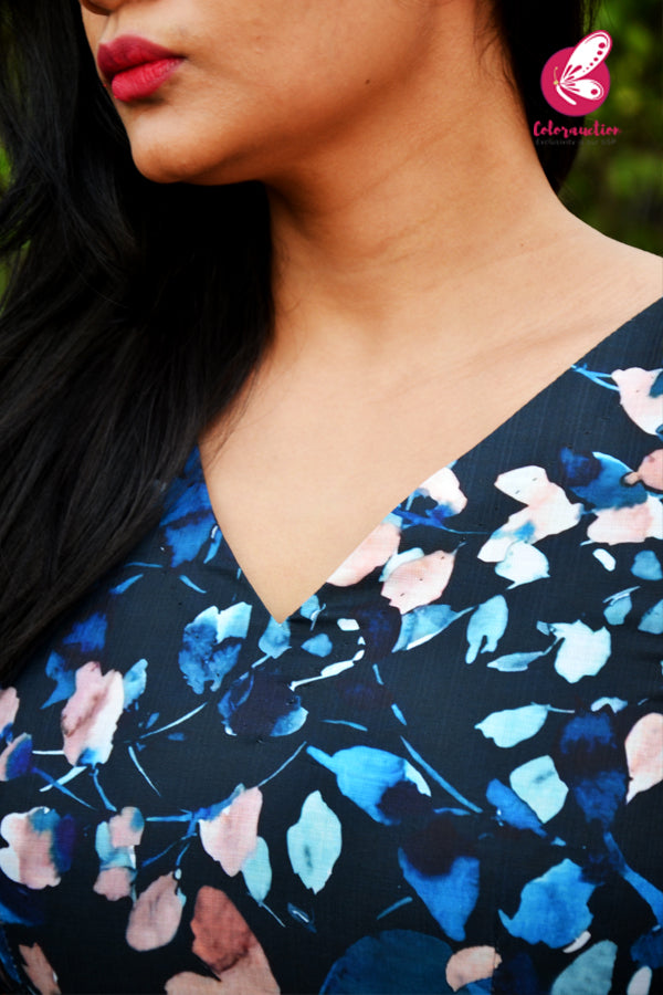 Blue Cotton Linen Slub Sleeveless SideTassels Kurti