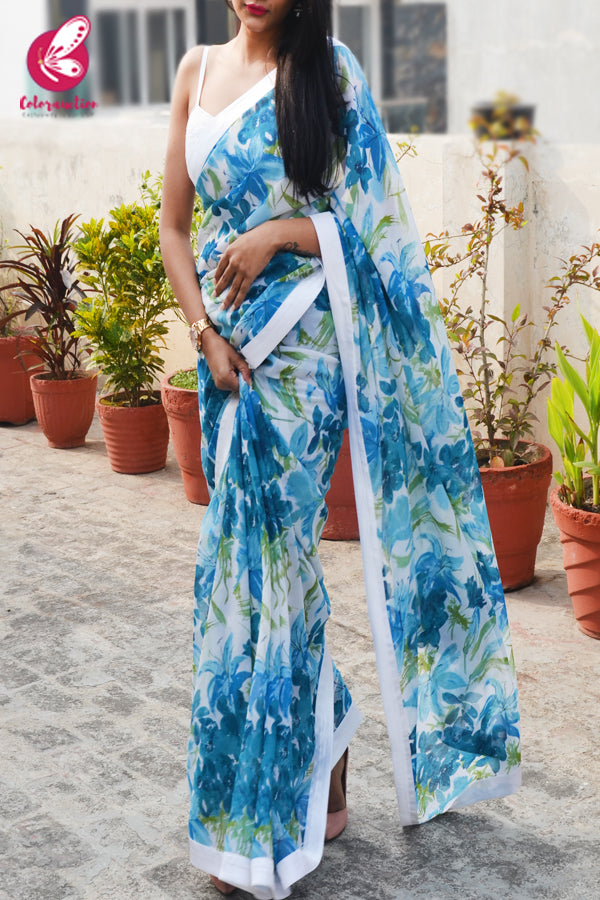 Blue &amp; White Printed Georgette White Satin Taping Saree