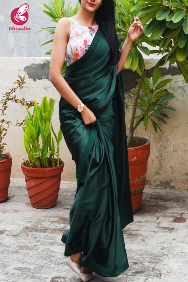 Bottle Green Satin Saree