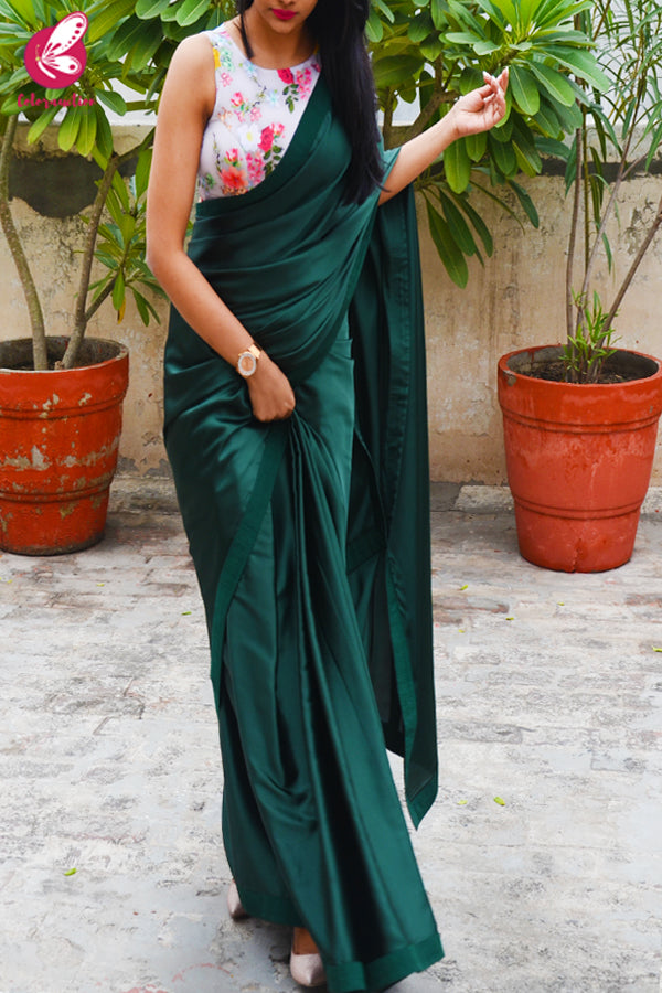 Bottle Green Satin Saree