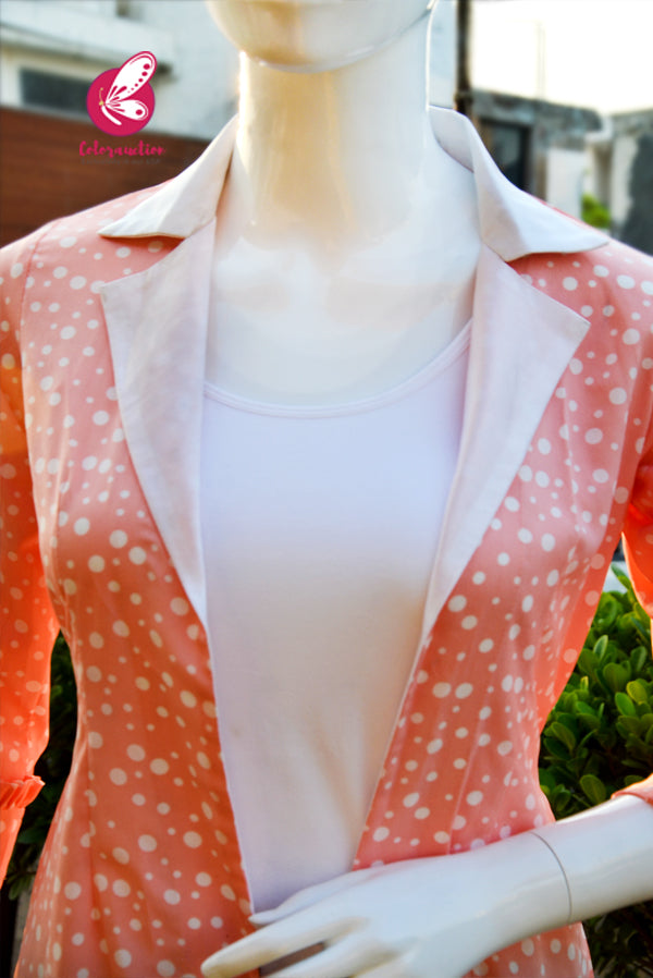 Peach &amp; White Crepe White Satin Collar &amp; White Satin Belt
