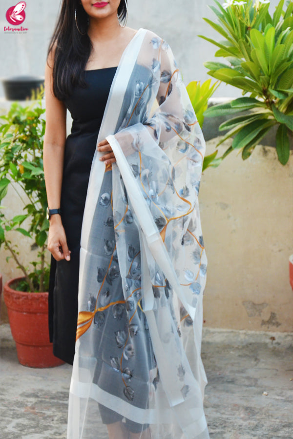 White Organza Handpainted Grey Floral Stole