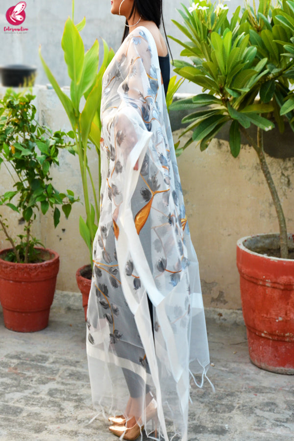 White Organza Handpainted Grey Floral Stole