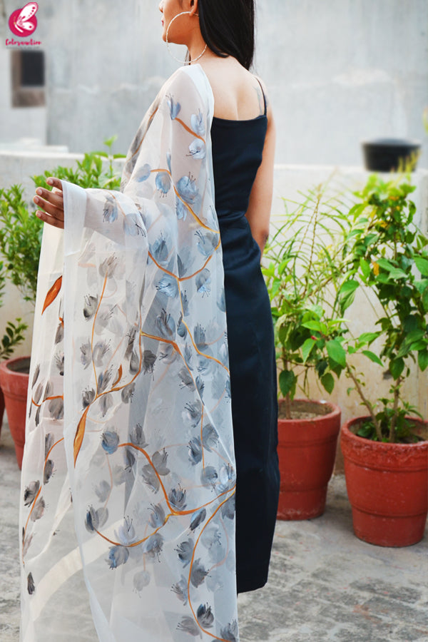 White Organza Handpainted Grey Floral Stole