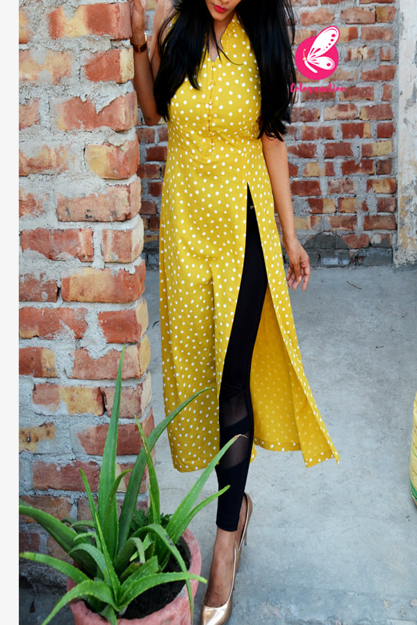 Mustard Yellow Rayon Polka Dots Front Slit Sleeveless Kurti